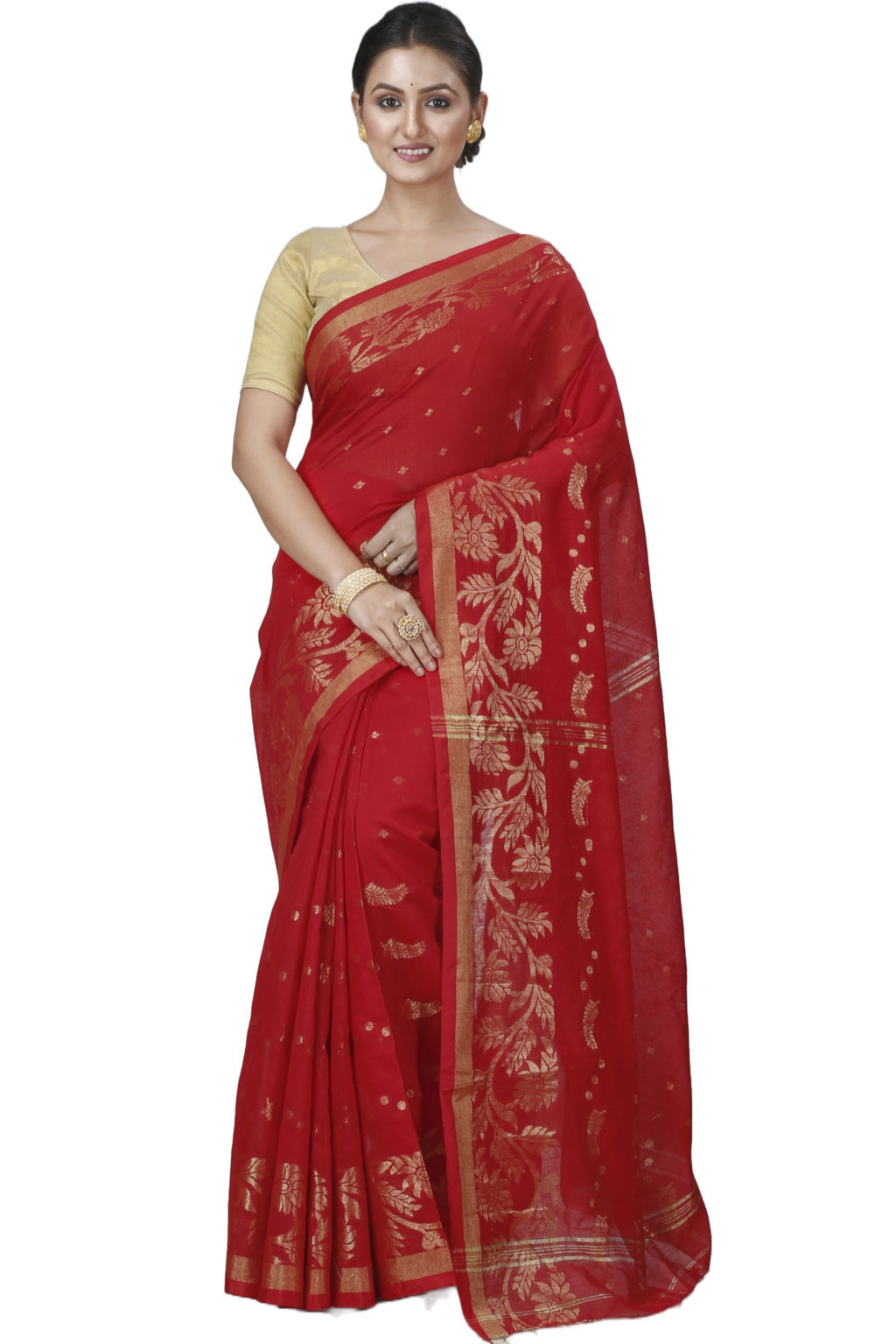 Red Blended Cotton Turik Hand Loom Saree (1248)